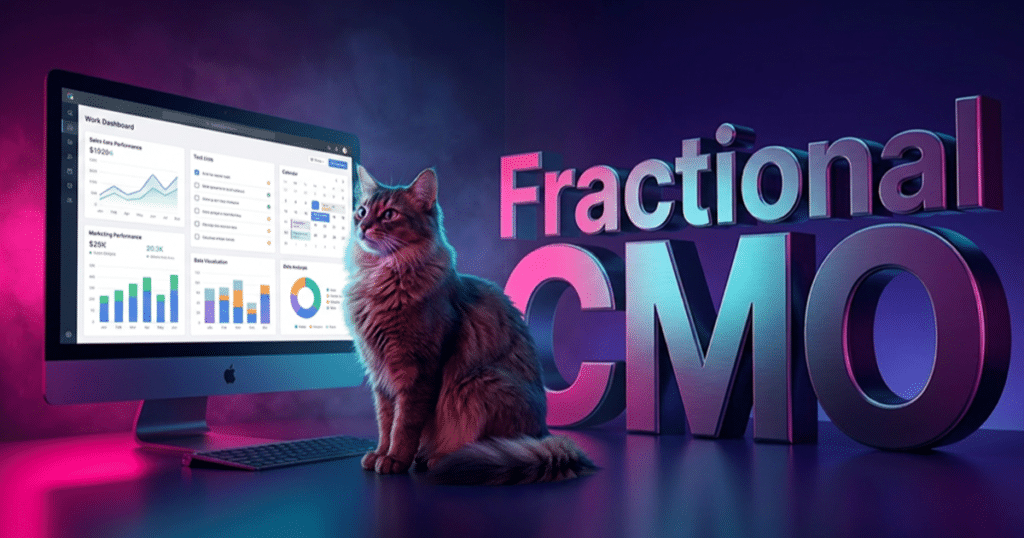Cat sitting near a computer and the words "Fractional CMO"