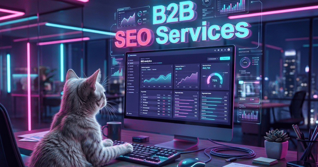 Cat looking at a computer screen beneath the words BB SEO Services