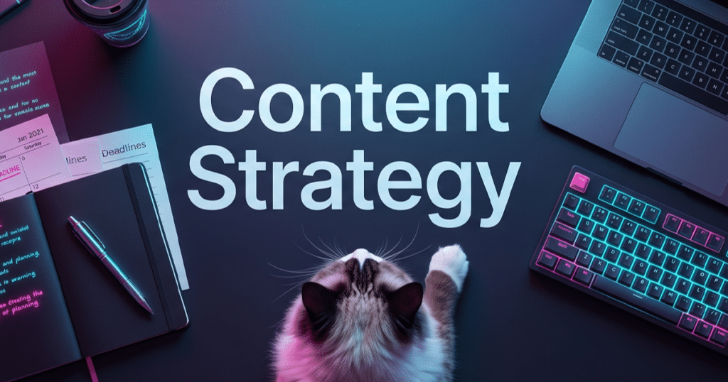 Cat in a Content Strategy Agency office space looking at the words Content Strategy